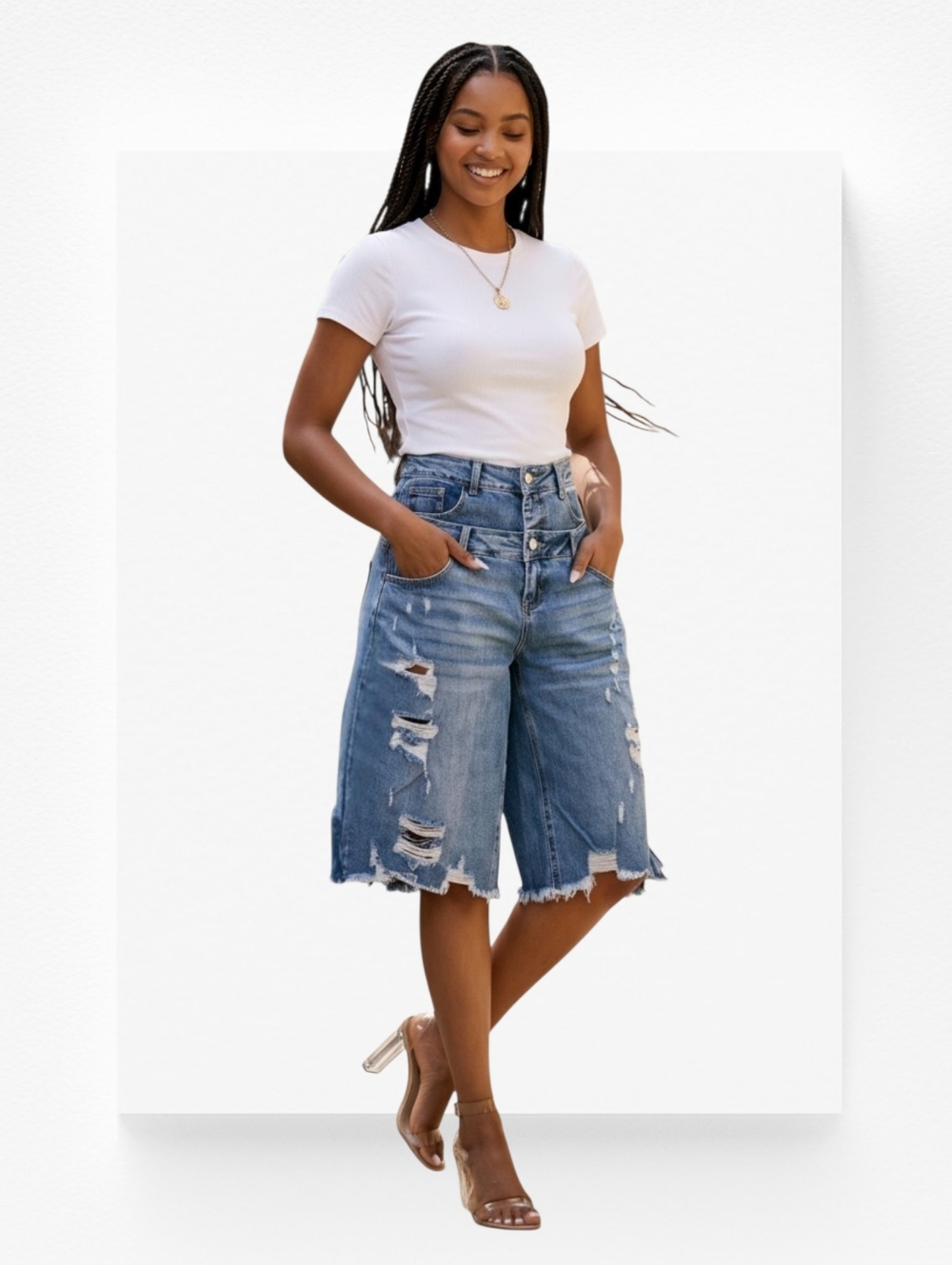 NEW High Waisted Frayed Hem Distressed Culottes ▪︎ Lt Blue Denim ▪︎ Sz LG